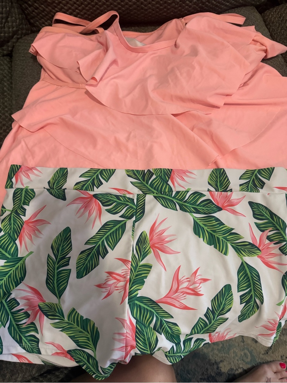 Pink Ruffle Tankini with Tropical Leaf Print Swim Shorts